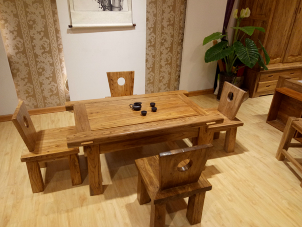老榆木家具 全实木茶道桌餐厅小餐桌简约现代休闲桌椅组合图2