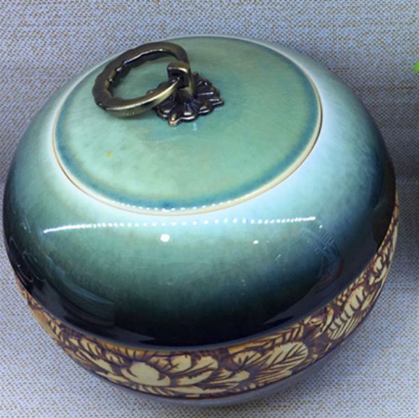 景德镇纯手工雕刻复古茶叶罐 颜色釉窑变铁环密封罐图2
