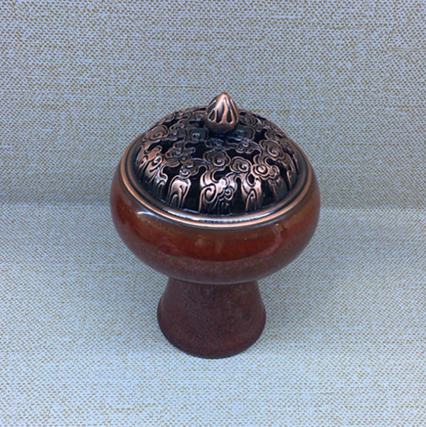 窑变手工香炉 铜盖季红陶瓷薰香炉图2