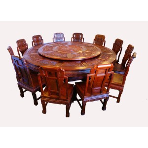 古典木雕红木全雕圆台餐桌套件