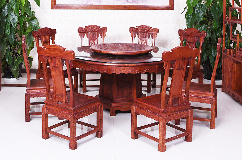 老挝花梨雕花156圆餐桌--西双版纳吉迪盆贸易有限责任公司