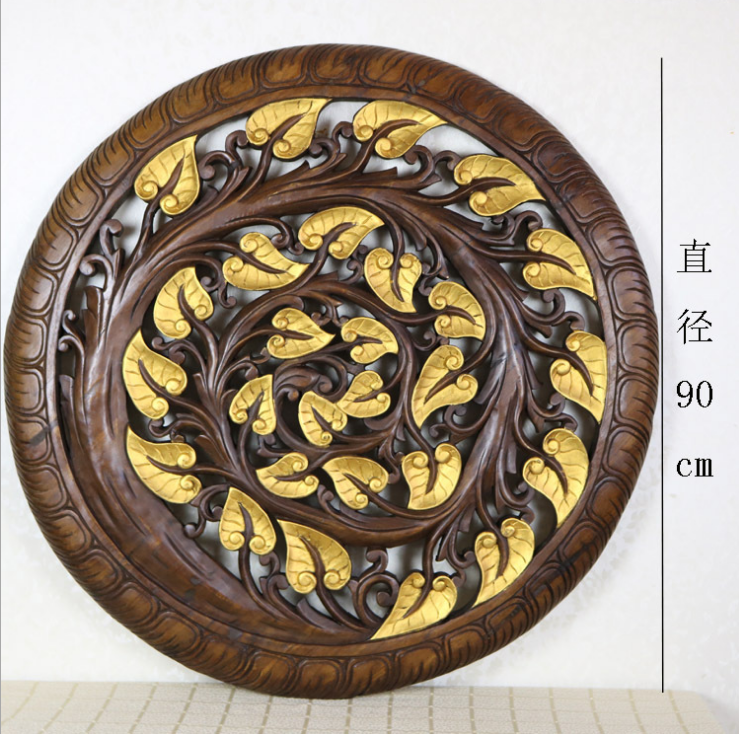 柚木90cm金色菩提叶圆形雕花板 实木墙面挂件工艺品壁饰壁挂图2