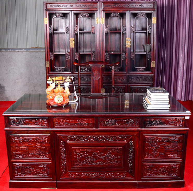 黑酸枝书桌书柜红木中式精雕办公桌两件套组合--上高县华裕装饰材料实业有限公司