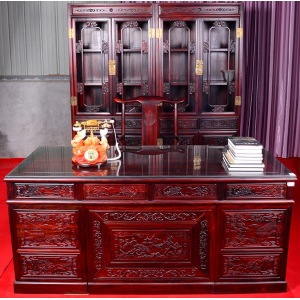 黑酸枝书桌书柜红木中式精雕办公桌两件套组合