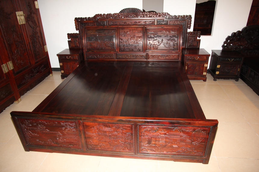 红木实木雕花中式古典床大小可定制--北京道鑫红木家具有限公司