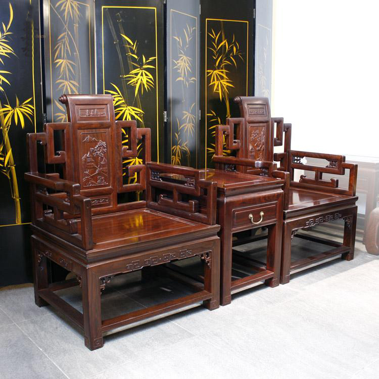 大叶紫檀卷书头回纹太师椅三件套--北京云之图中式家具有限公司