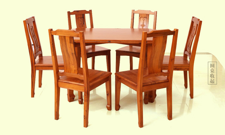 纯天然小叶香樟木餐桌椅组合实木圆形饭桌6人图1