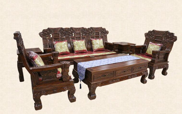厂家直销老榆木沙发组合中式古典麒麟沙发六件套--临清市榆美人木业有限公司