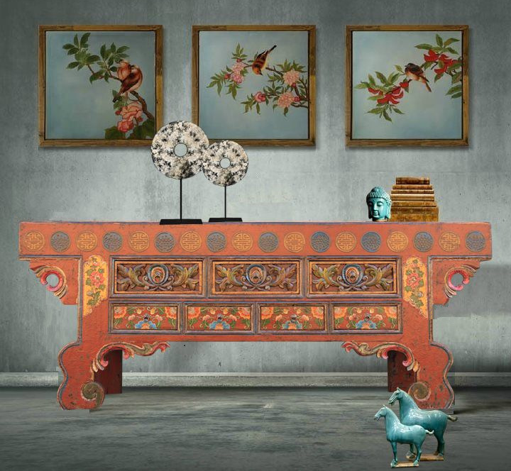 新中式实木家具古典摆设松木彩绘供案条案供桌 藏式老雕花板条案图2