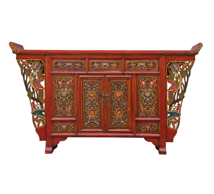 藏式新中式古典彩绘雕花做旧条案 翘头供桌玄关柜凤凰极美家具--北京东方彭瑞科技有限公司