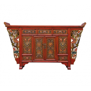 藏式新中式古典彩绘雕花做旧条案 翘头供桌玄关柜凤凰极美家具