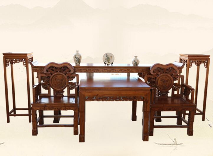 老榆木古典中堂条案供桌太师椅 中式实木雕花中堂六件套图1