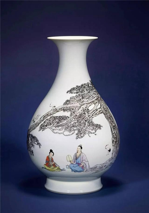 陶瓷美术大师王锡良作品--粉彩松隐高士图玉壶春瓶