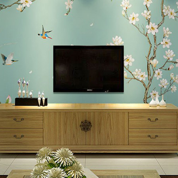 现代中式墙纸_3D客厅电视机背景墙壁纸_玉兰壁画家装墙布衣古典图2