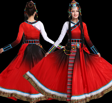 新款藏族舞蹈演出服女红色大摆裙水袖长款藏族服装图2
