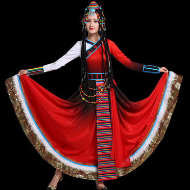新款藏族舞蹈演出服女红色大摆裙水袖长款藏族服装图4