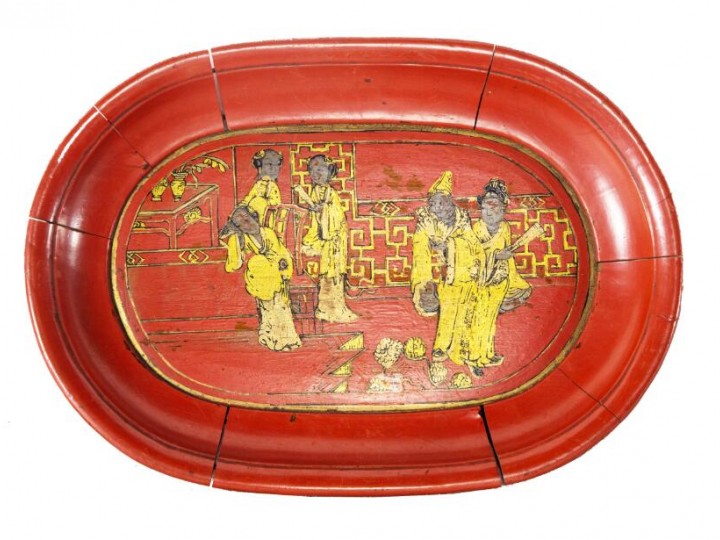 1103-7民国红漆描人物椭圆盘